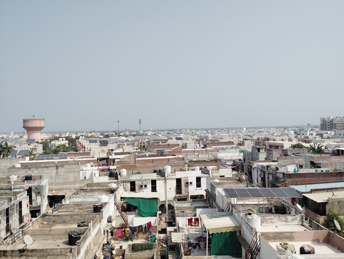 Rooftop solar panels installed on residential homes in Mehsana, Gujarat, India