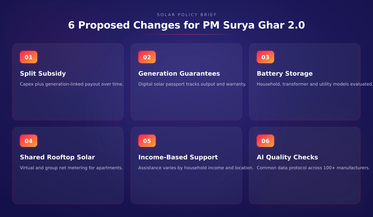 Dark-mode infographic listing the six proposed changes for PM Surya Ghar 2.0: split subsidy, generation guarantees, battery storage, shared rooftop solar, income-based support, and AI quality checks