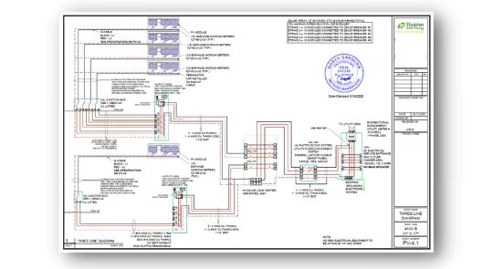 Electrical schematic sheet from a solar permit plan set showing string layout and protection devices