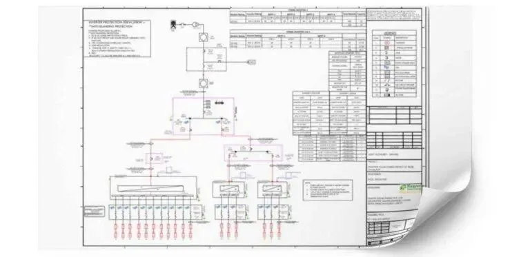 Single line diagram sheet showing string connections, inverters and metering for a solar plant