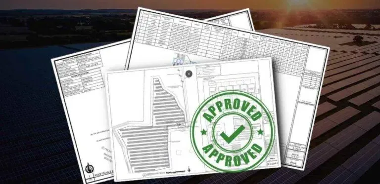 A solar permit plan set with an approval stamp, showing the sheets that make up a submission package
