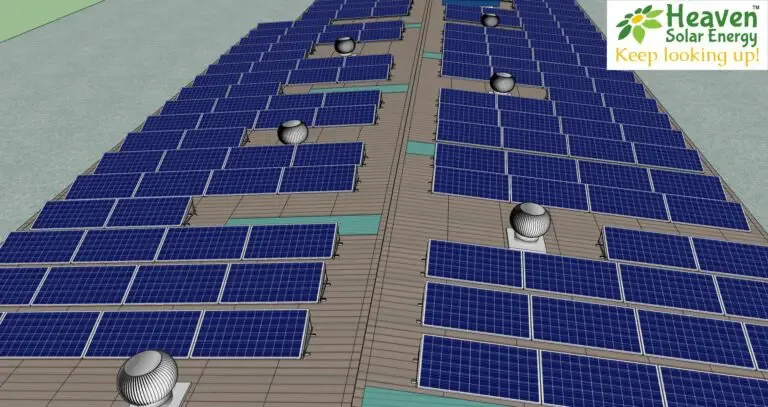 Rooftop solar array laid out in blocks across a large industrial roof with walkways between rows
