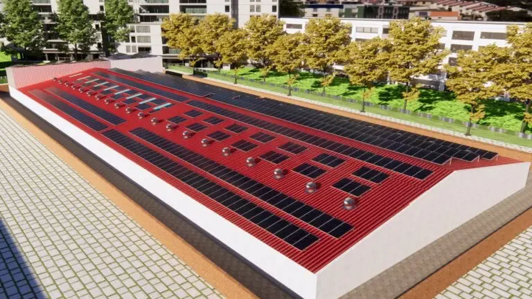 3D pre-design model of a large solar canopy structure over a paved forecourt