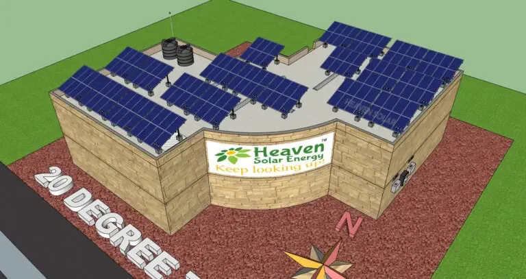 Solar 3D pre-design model of a rooftop array with tilt angle and north orientation marked on the site plan