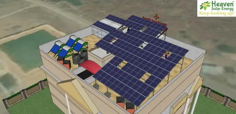 Engineering model of a commercial building rooftop with a solar array laid out around HVAC equipment and roof access routes