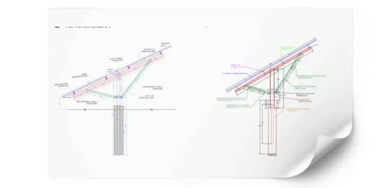 Structural CAD detail of a solar module mounting arrangement with member sizes and fixings annotated