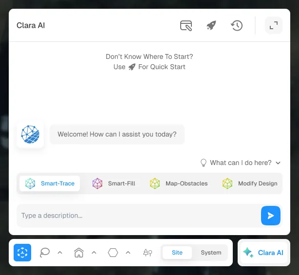 The Clara AI panel inside SurgePV, offering Smart-Trace, Smart-Fill, Map-Obstacles and Modify Design actions above a text input.