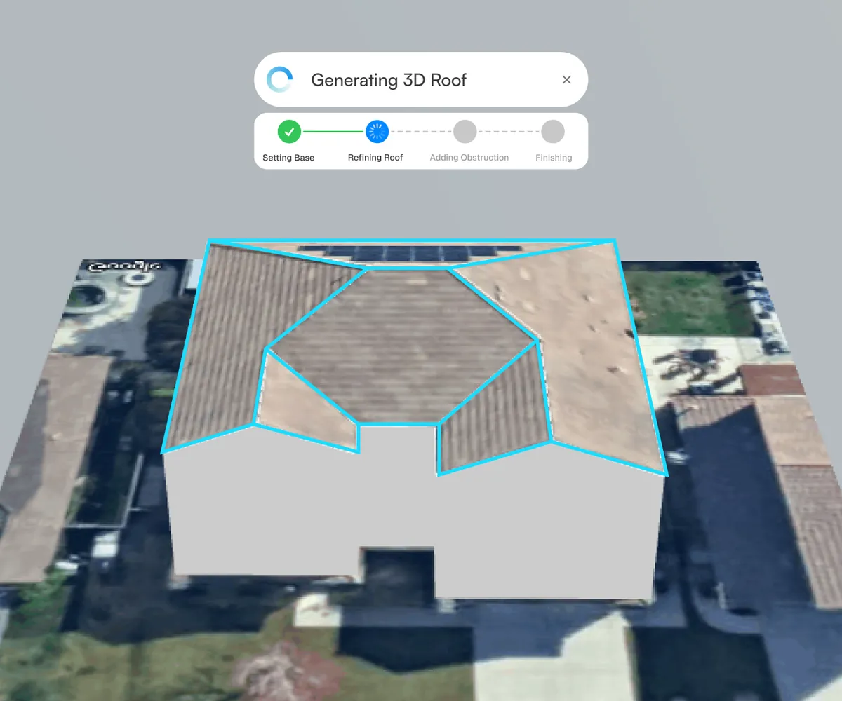 SurgePV generating a 3D roof model from satellite imagery, with the roof planes traced and a progress panel reading Setting Base, Refining Roof, Adding Obstruction, Finishing.