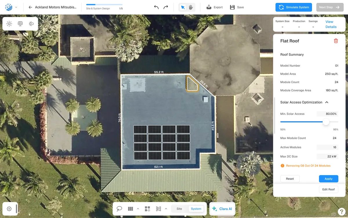 The SurgePV design view: a flat commercial roof measured and outlined over satellite imagery with a 24-module array placed on it, beside a roof summary and solar access optimisation panel.