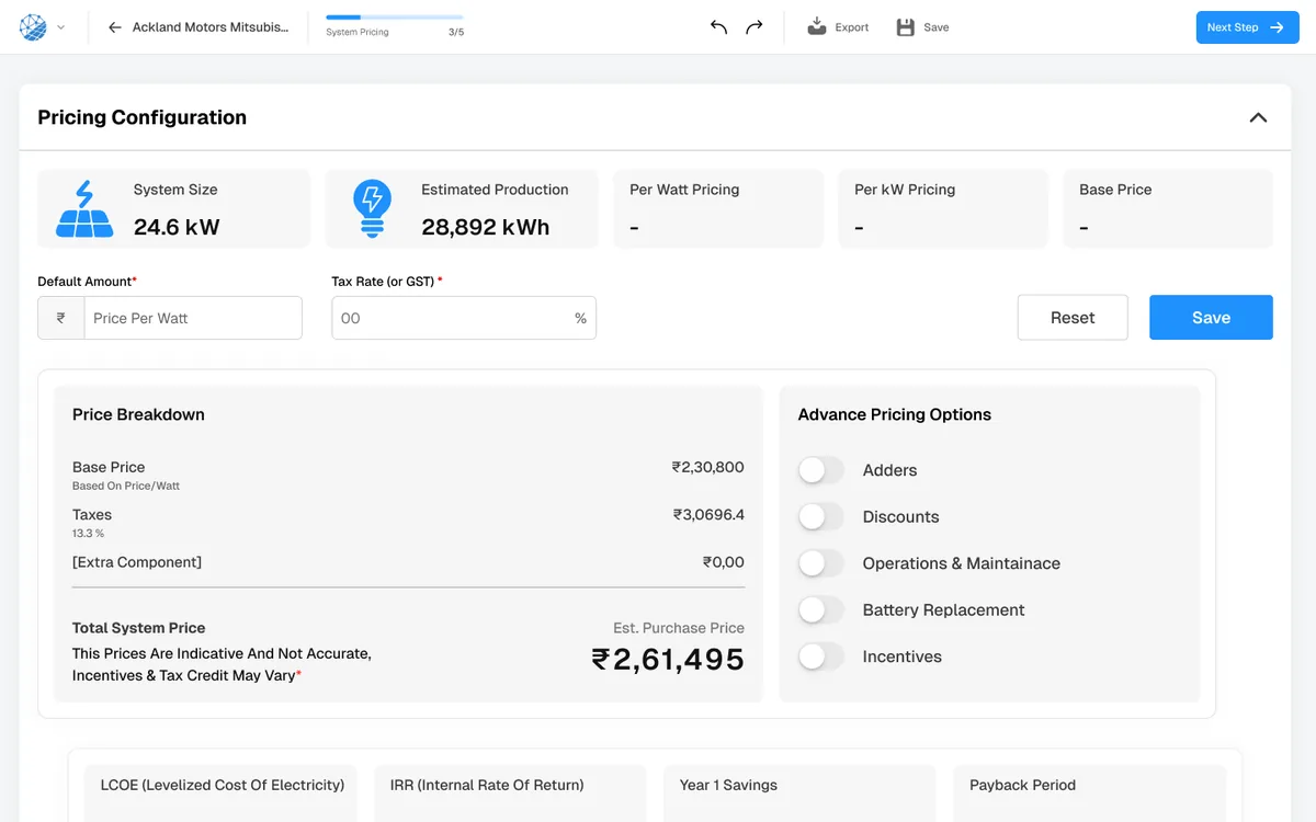 The SurgePV pricing configuration screen showing system size, estimated production, a rupee price breakdown with taxes, and tiles for LCOE, IRR, year one savings and payback period.